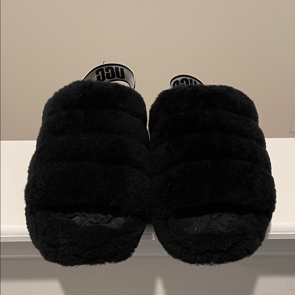 UGG Black Fluffy Slippers